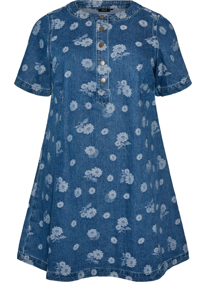 A-line denim dress with floral pattern, Blue, Packshot image number 0