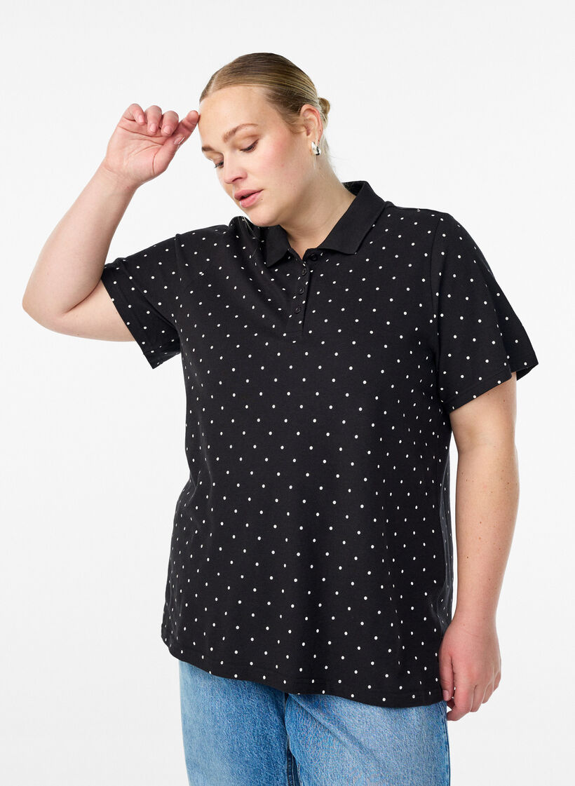 Dotted polo shirt with short sleeves, Black, Model image number 0