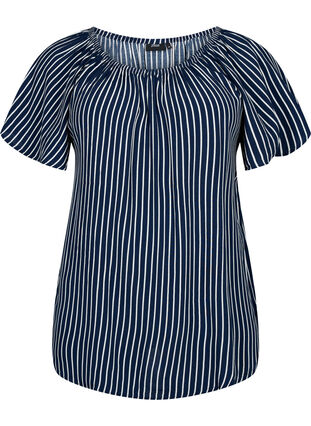 Plain viscose blouse with short sleeves, Navy B./White Stripe, Packshot image number 0