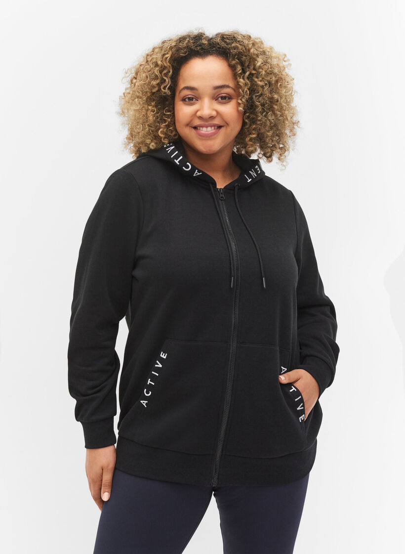 Workout hoodie jacket with zip, Black, Model image number 0