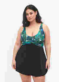 Swimsuit with loose skirt, Black Blue Leaf, Model