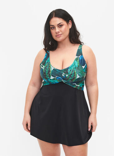 Swimsuit with loose skirt, Black Blue Leaf, Model image number 0