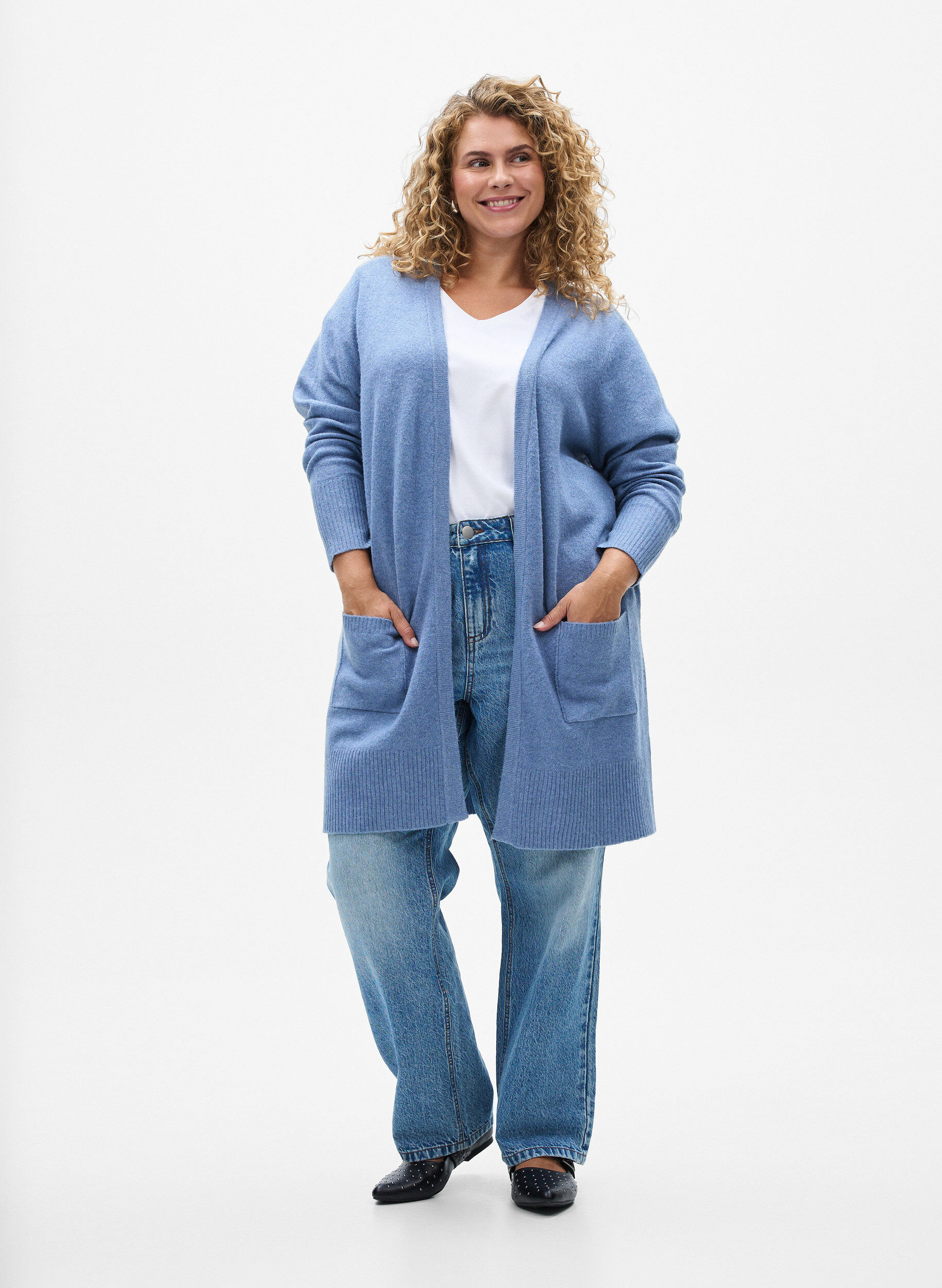ZizzifashionRibbed Knit Cardigan with Pockets, Blue, Model image number 1