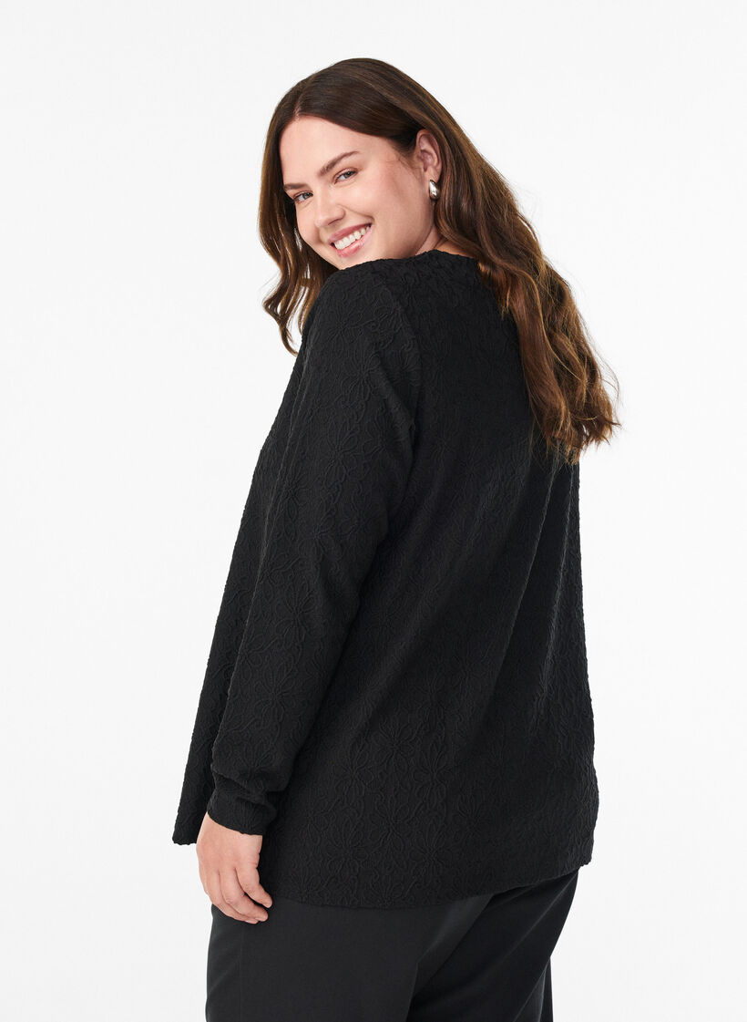 Long-sleeved blouse with floral texture, Black, Model image number 2
