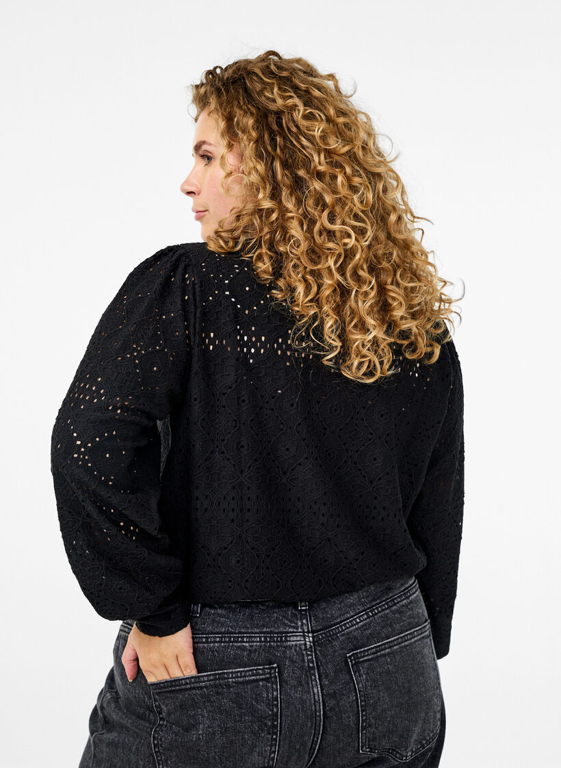 Long-sleeved blouse with an openwork pattern, Black, Model image number 2