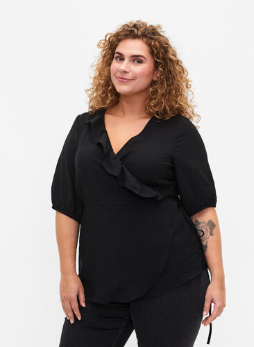 Wrap blouse in viscose with 1/2 sleeves, Black, Model image number 0