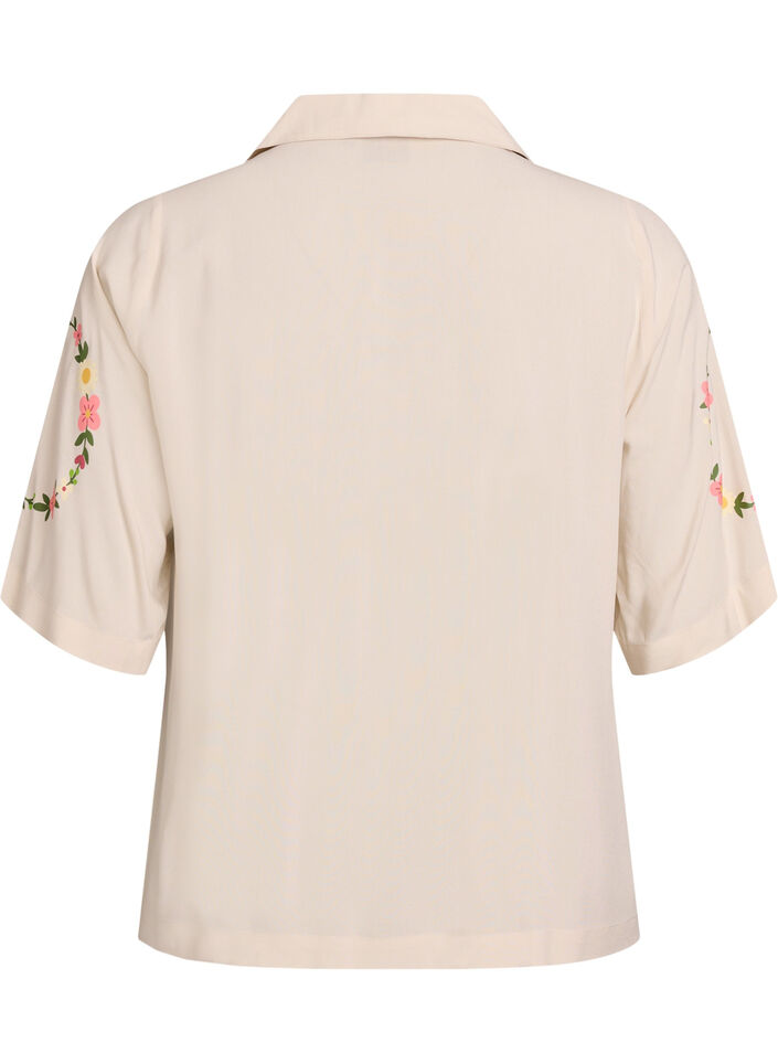 Viscose pyjama top with tie fastening and floral print, Beige, Packshot image number 1