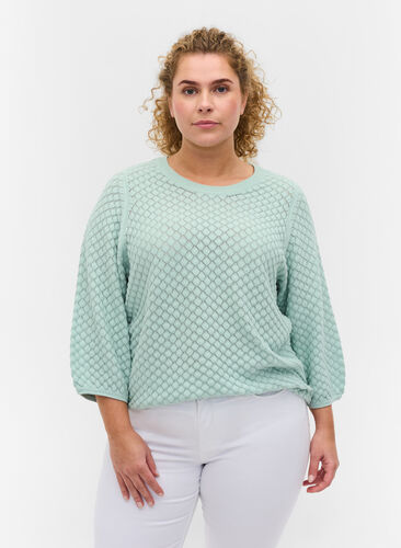 Patterned knitted blouse in organic cotton with 3/4 sleeves, Surf Spray, Model image number 0
