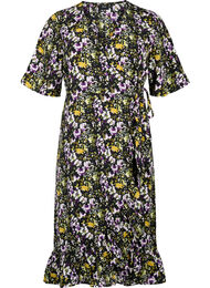 Printed wrap dress with short sleeves , Black S. Flower AOP, Packshot