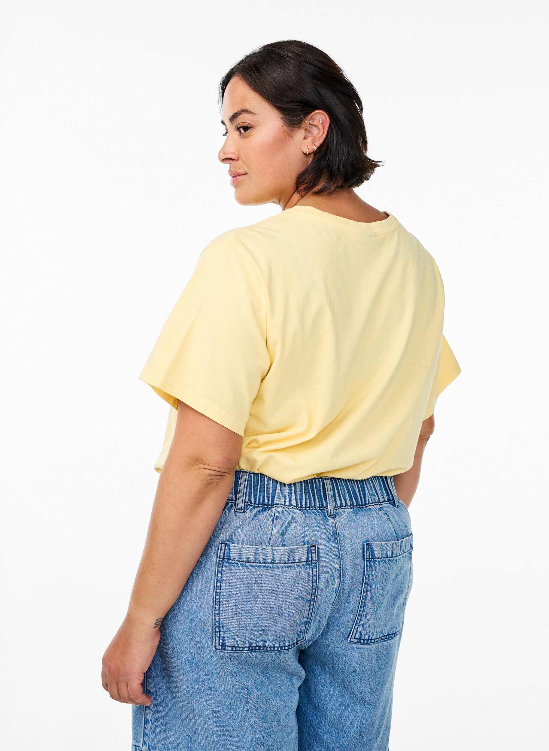 Zizzifashion Organic cotton T-shirt with rhinestones and butterfly motif, Beige, Model image number 2