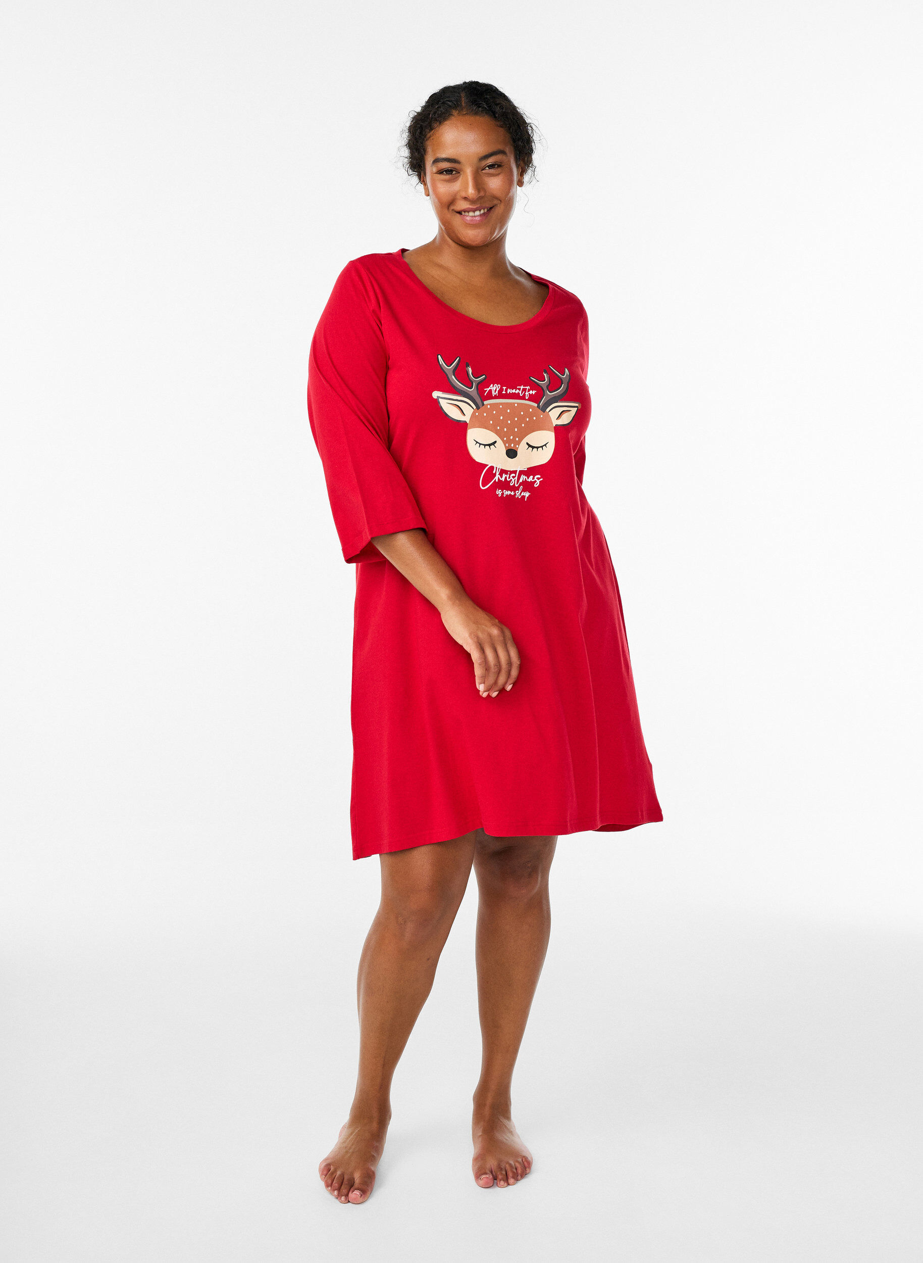 ZizzifashionNightdress in organic cotton with Christmas motif, Red, Model image number 1