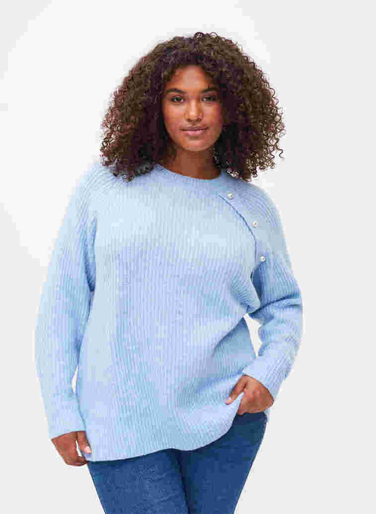 Melange knit sweater with pearl buttons, Light Blue Mel., Model