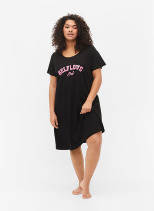Cotton nightie with short sleeves, Black w. Self, Model image number 2