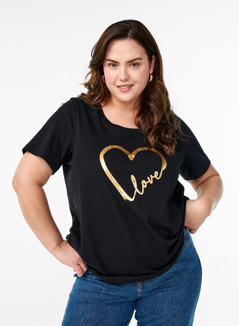 Cotton T-shirt with motif, Black w. Gold Love, Model image number 0