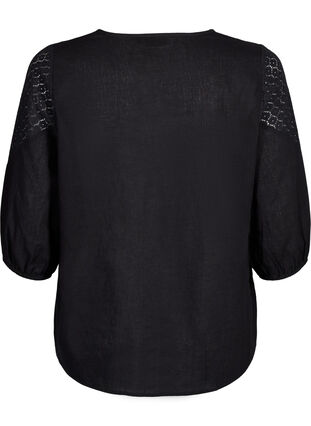 Blouse in a cotton mix with linen and crochet detail, Black, Packshot image number 1