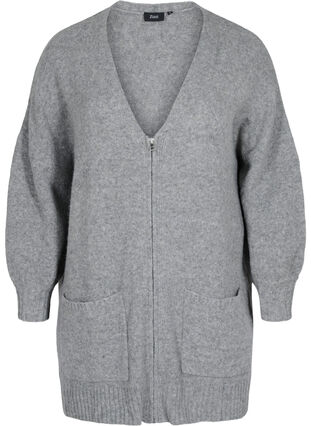Long knitted cardigan with zip and pockets, Medium Grey Melange, Packshot image number 0