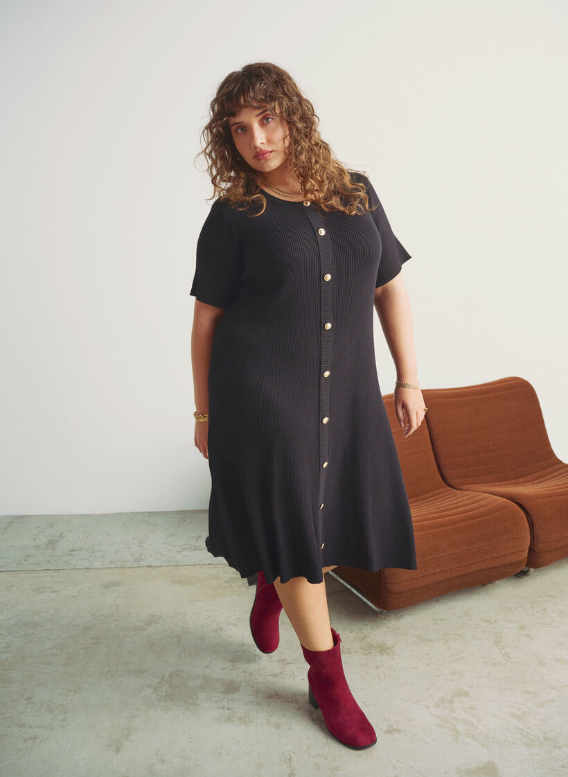 Ribbed dress with decorative buttons and short sleeves, Black, Image