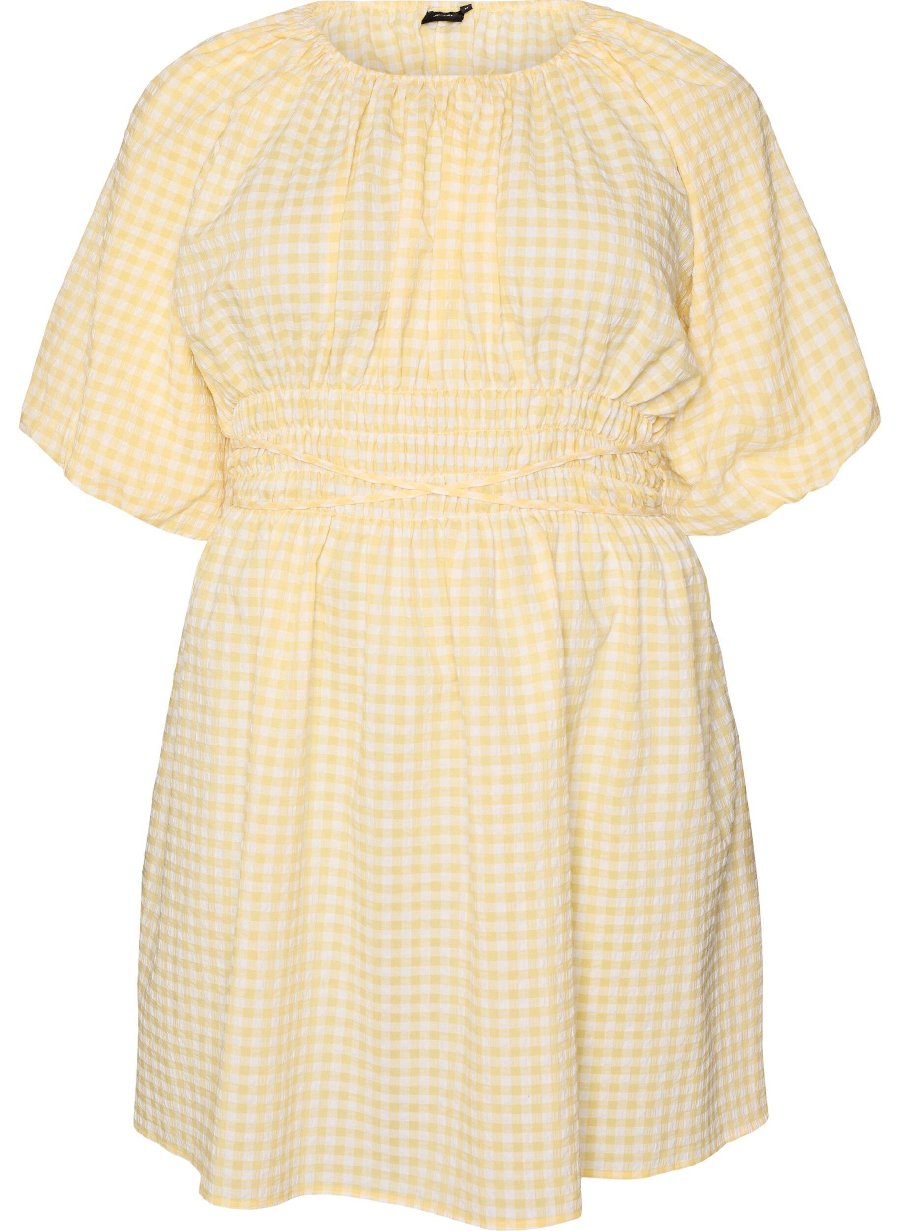 ZizzifashionShort small check dress with balloon sleeves, Yellow, Packshot image number 0