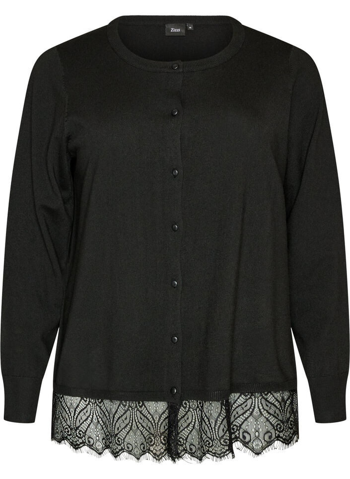 Cardigan with a wide lace hem, Black, Packshot image number 0
