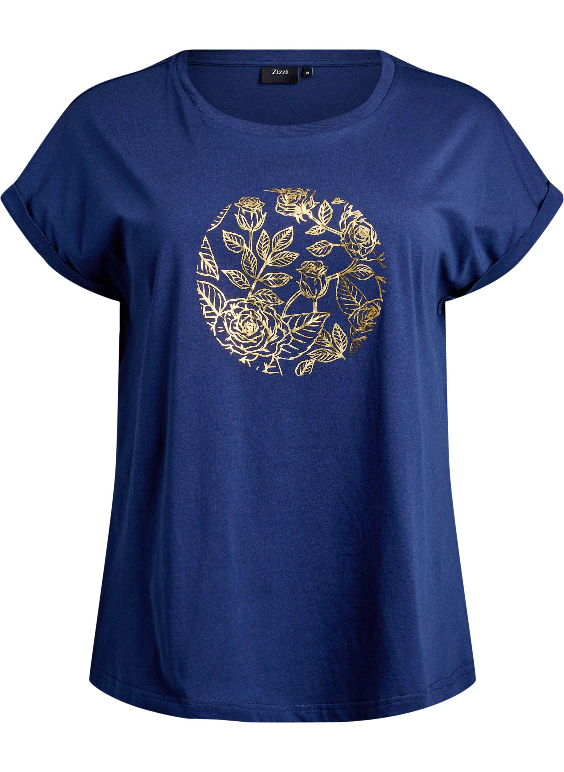 Zizzifashion T-shirt with gold floral print, Naval A. Gold Rose, Packshot image number 0