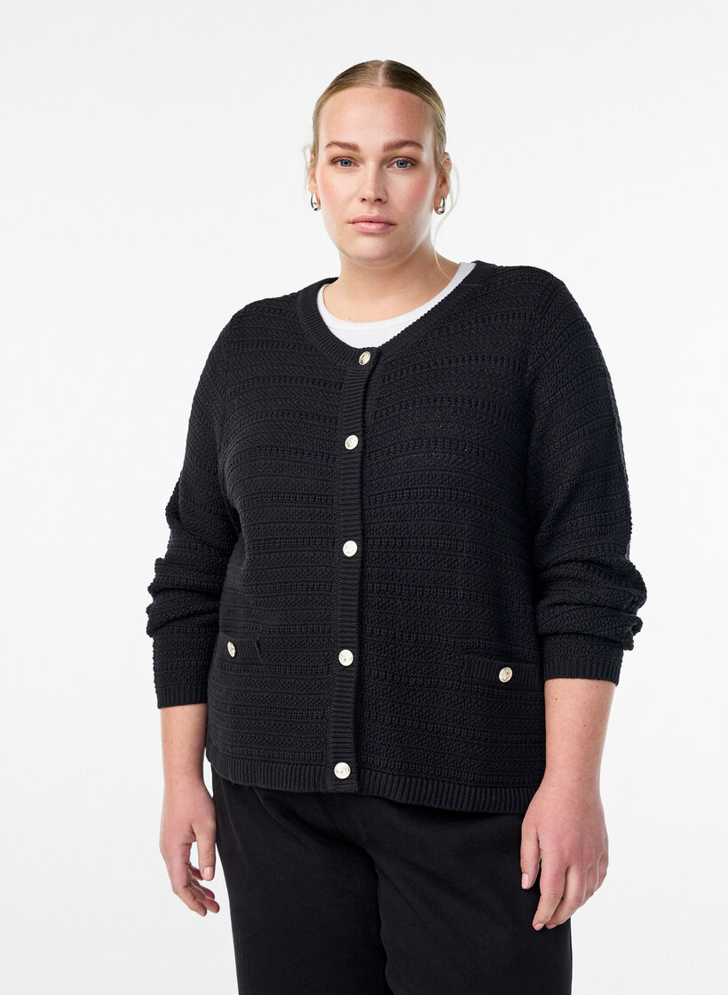 Cardigan with textured knit and decorative buttons, Black, Model image number 0