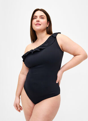 One-shoulder swimsuit with ruffle, Black, Model image number 0