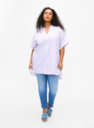 Striped shirt with chest pockets, White/LavenderStripe, Model image number 2