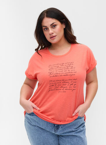 T-shirt with print in organic cotton, Living Coral Text, Model image number 0