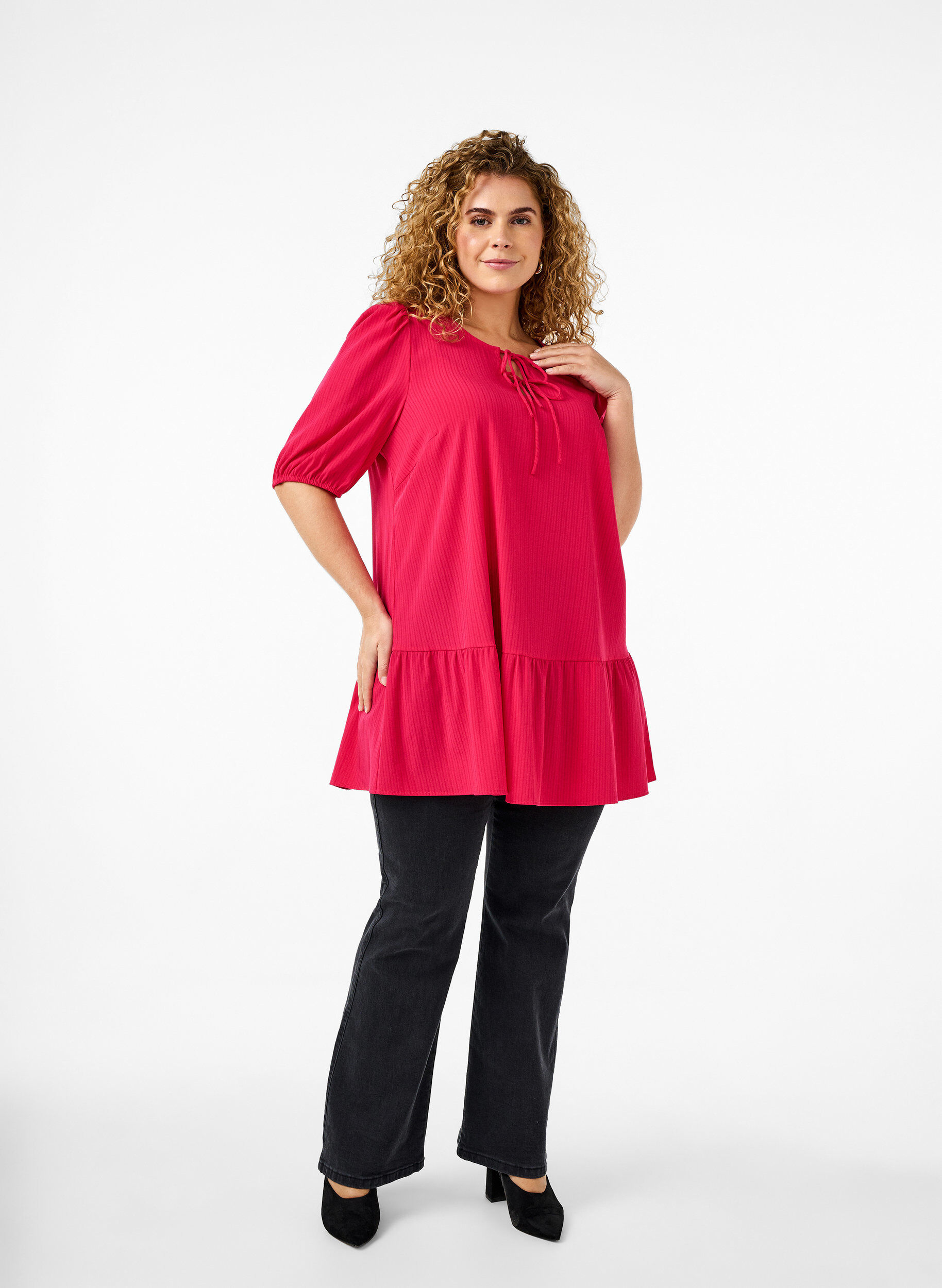 Zizzifashion Tunic in viscose with ties, Bright Rose, Model image number 2
