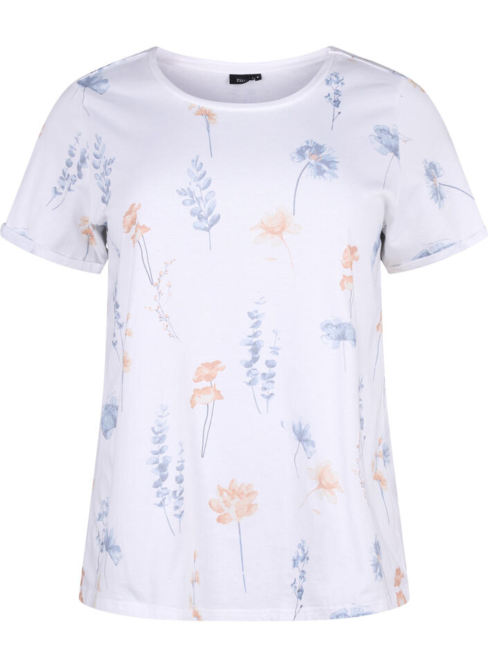 Organic cotton T-shirt with floral print, White W. Blue flower, Packshot image number 0