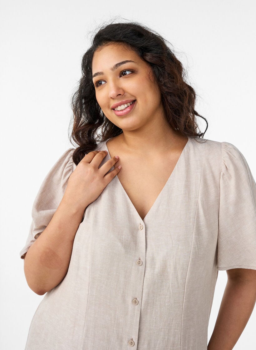 Midi dress in linen and viscose with ruffle sleeves, Beige, Model image number 2