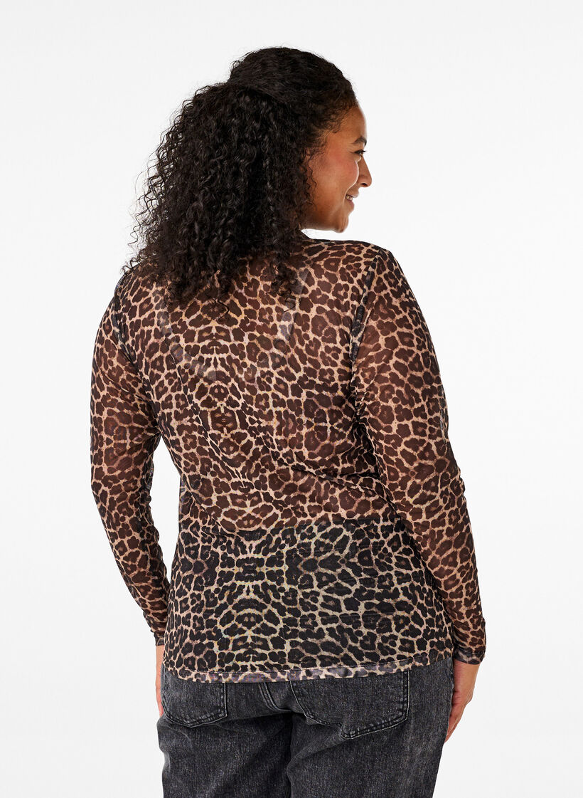 Mesh blouse with leopard pattern, Brown, Model image number 2