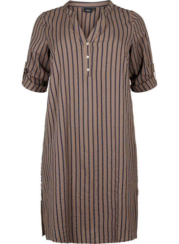Striped cotton dress with 3/4 sleeves, Falcon/Navy Stripe, Packshot image number 0