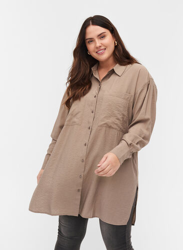 Long viscose shirt with pockets and slits, Brindle, Model image number 0