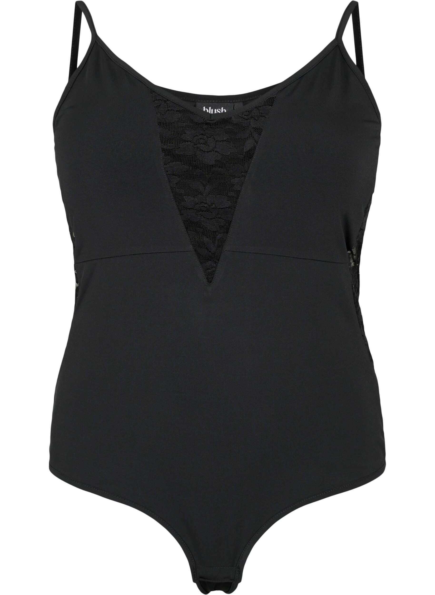 Zizzifashion Bodystocking with lace and narrow straps, Black, Packshot image number 0