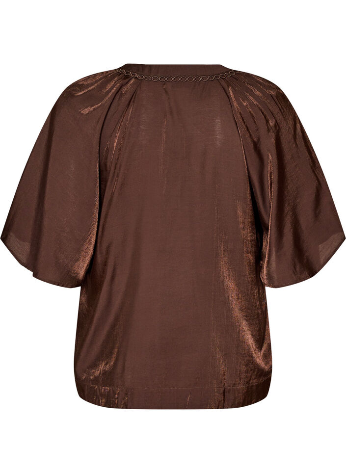 Viscose blouse with V-neck and decorative details, Brown, Packshot image number 1