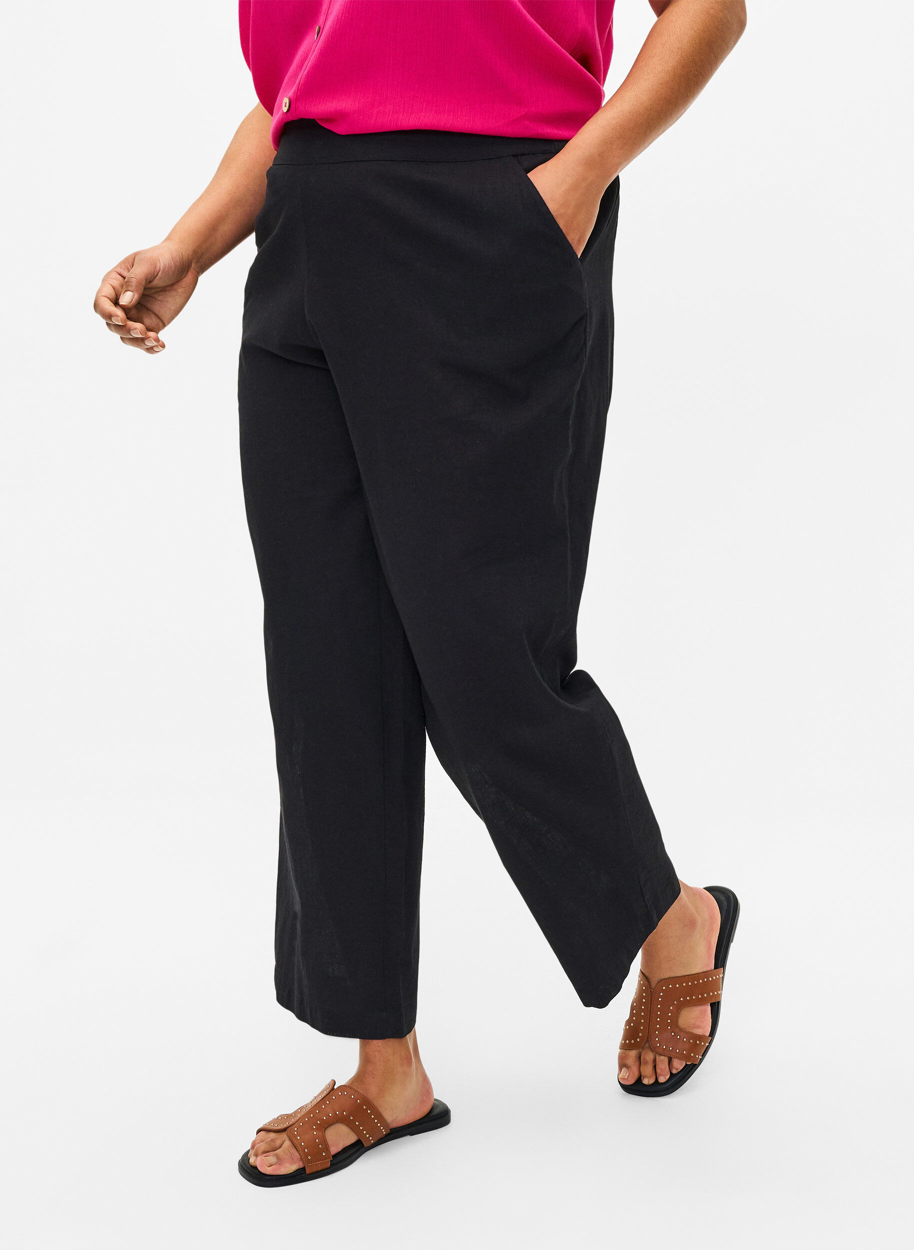Zizzifashion Loose pants in linen-cotton blend, Black, Model image number 2