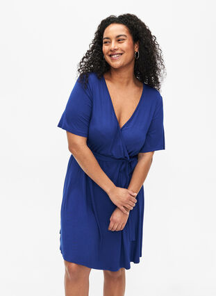Wrap dress in viscose with short sleeves, Bellwether SOLID, Model image number 0