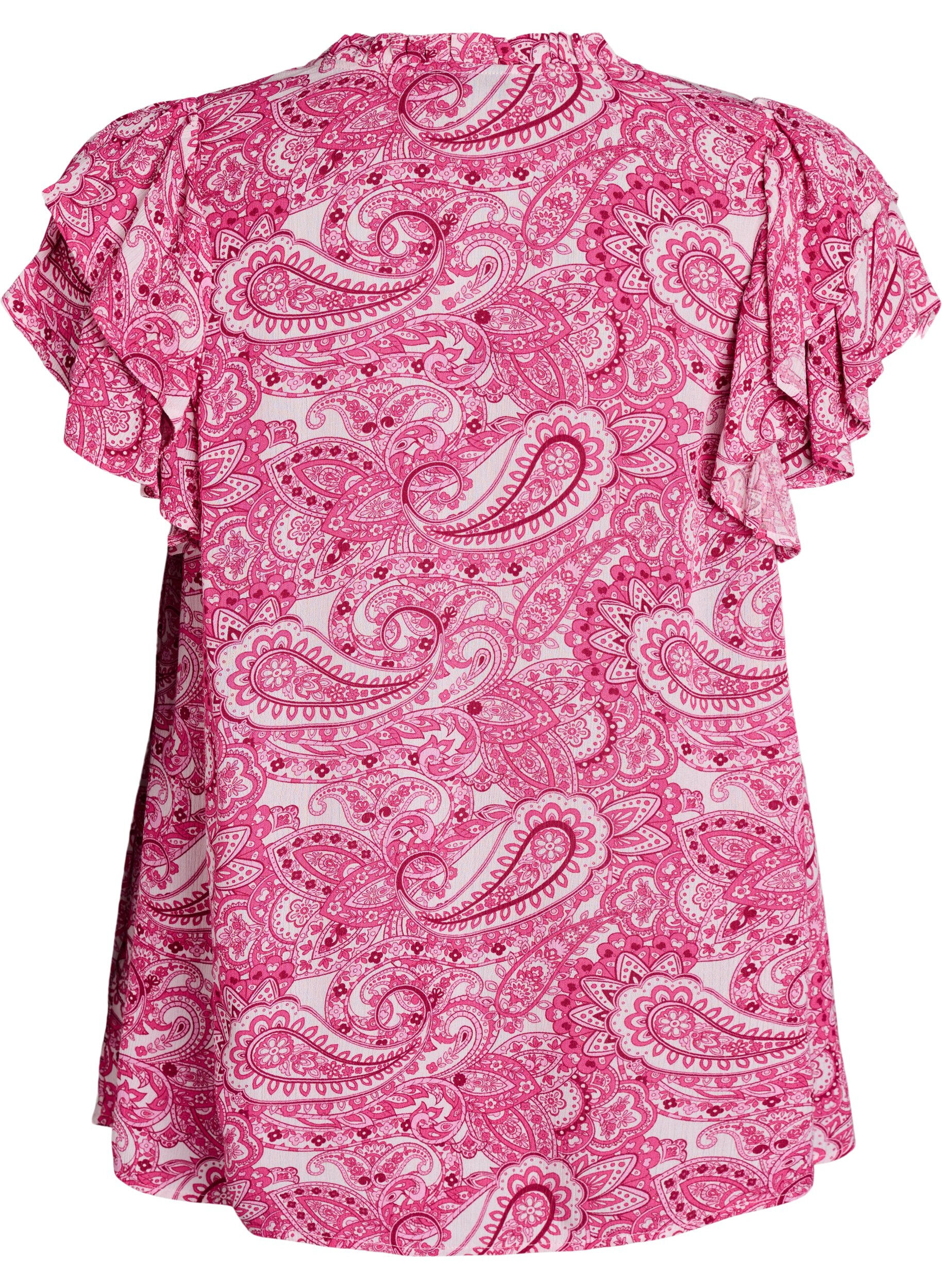 Zizzifashion Patterned viscose blouse with ruffle details, Pink, Packshot image number 1