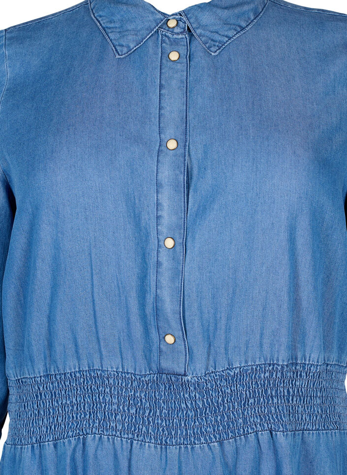 Soft denim dress with 3/4 sleeves and smock, Blue denim, Packshot image number 2