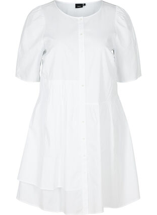Cotton shirt dress with puff sleeves, Bright White, Packshot image number 0