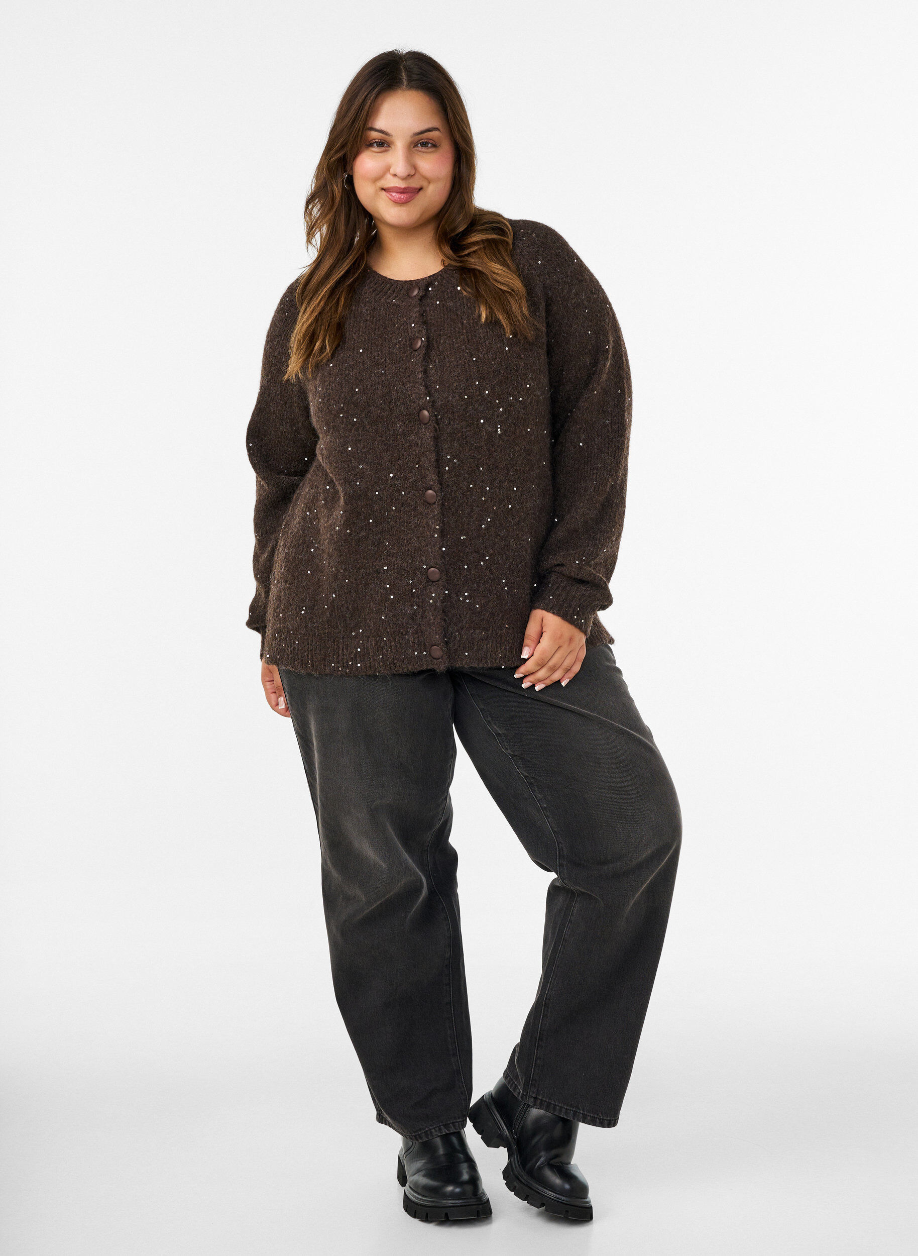ZizzifashionCardigan with sequins and buttons, Brown, Model image number 1
