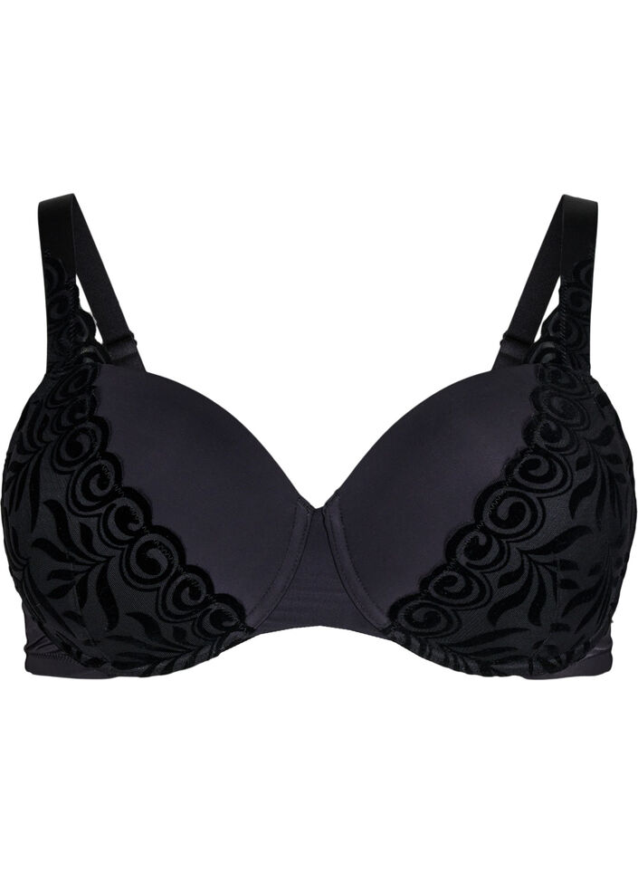 Moulded bra with velvet pattern, Black, Packshot image number 0