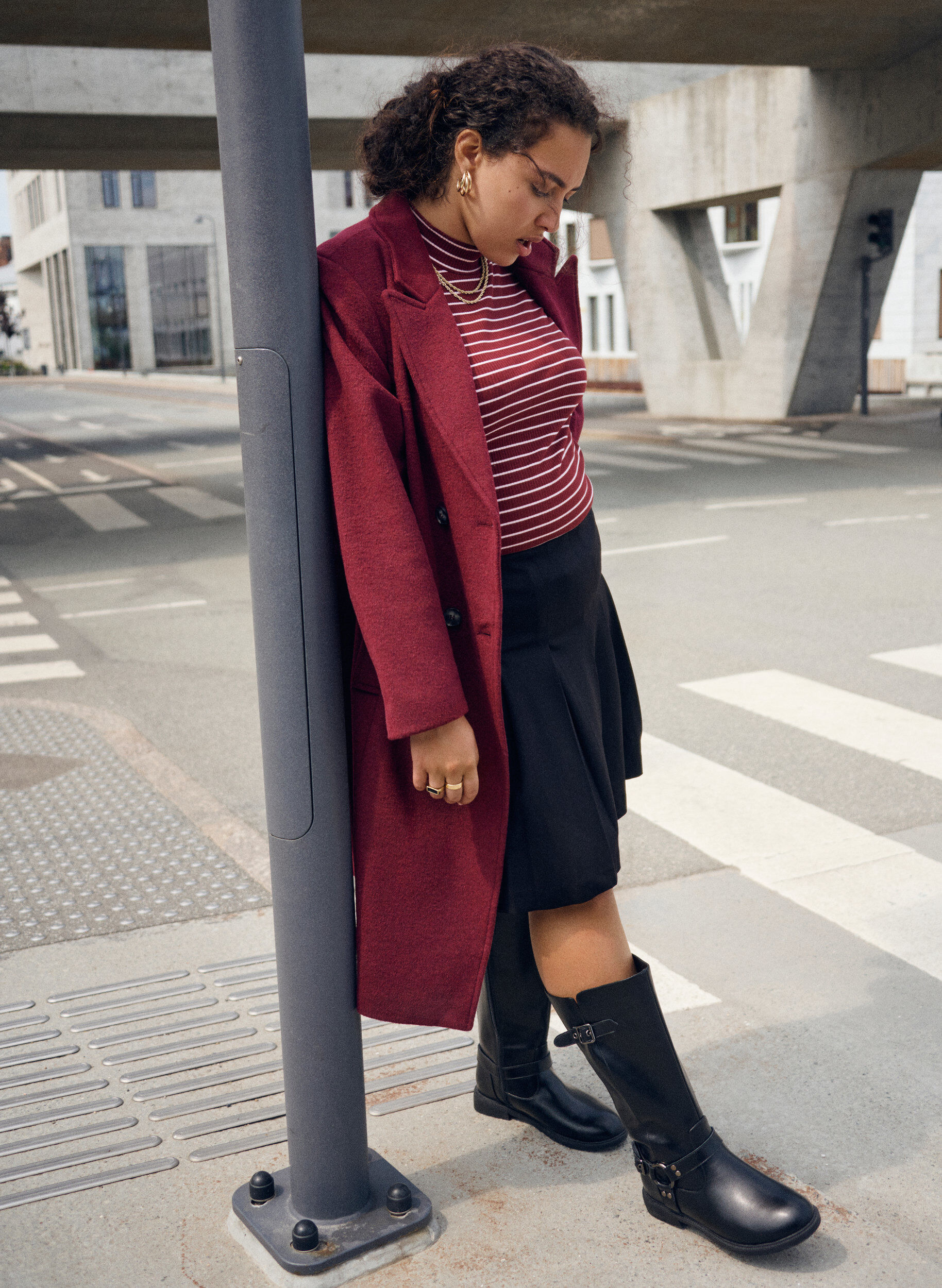 Zizzifashion Striped ribbed jersey blouse with a high neck, Dark Bordeaux, Image image number 0