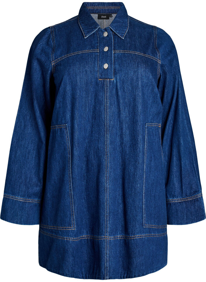 Short denim dress with collar and button fastening, Blue, Packshot image number 0
