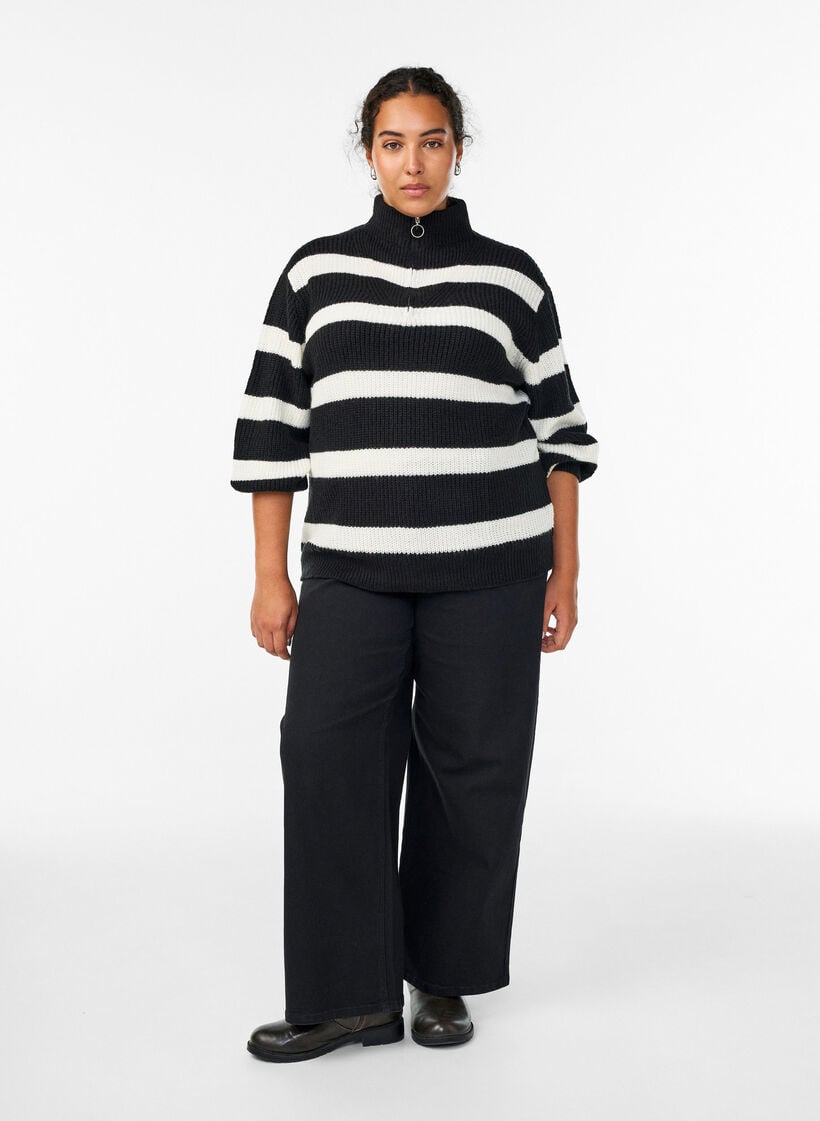 Knitted sweater with high neck and zipper, Black, Model image number 1