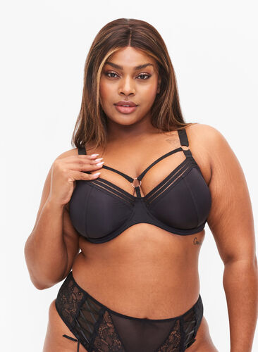 Full cover underwired bra with string details, Black, Model image number 0