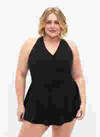 Swim dress with crossed back and skirt, Black, Model
