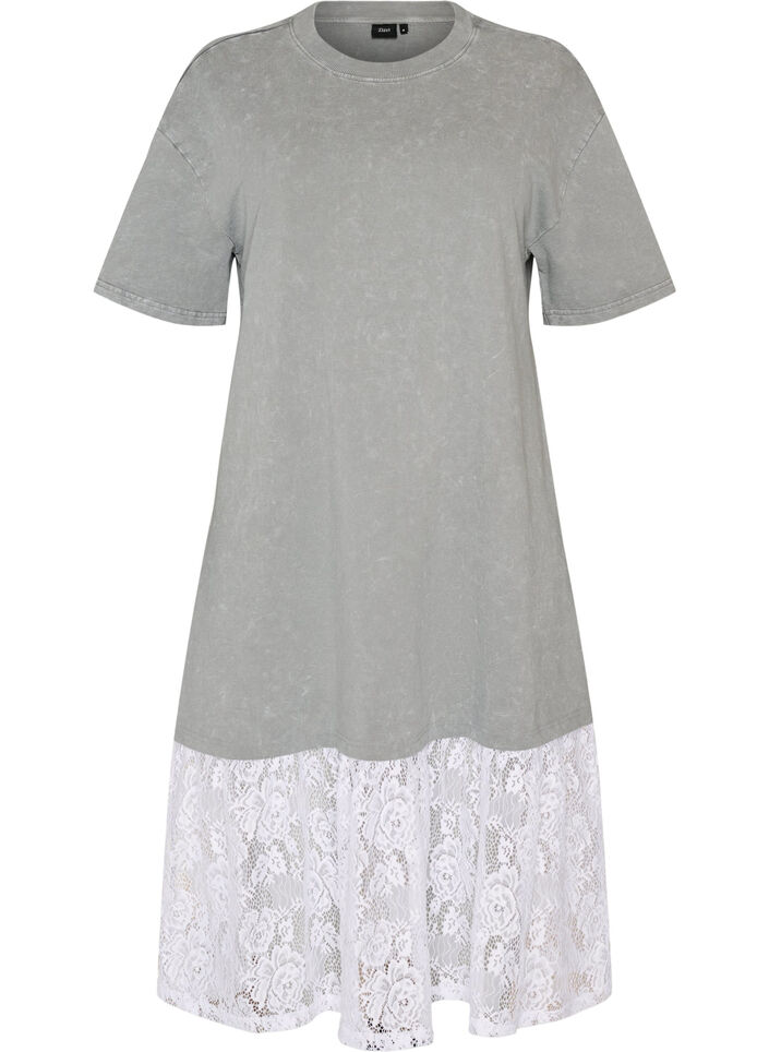 Loose T-shirt dress with lace trim, Grey, Packshot image number 0
