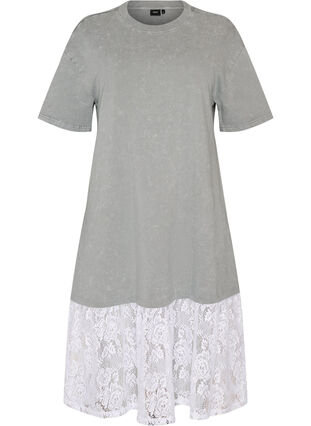 Loose T-shirt dress with lace trim - Grey - Sz. M - Zizzifashion Loose T-shirt dress with lace trim - Grey - Sz. M - Zizzifashion